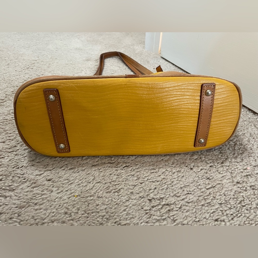 Dooney Bourke leather mustard yellow classic handbag with brown trim, red inside - Picture 5 of 6